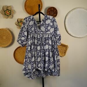 17 Looms V Neck Balloon Sleeve Mini Dress Floral Blue Womens Size‎ Medium